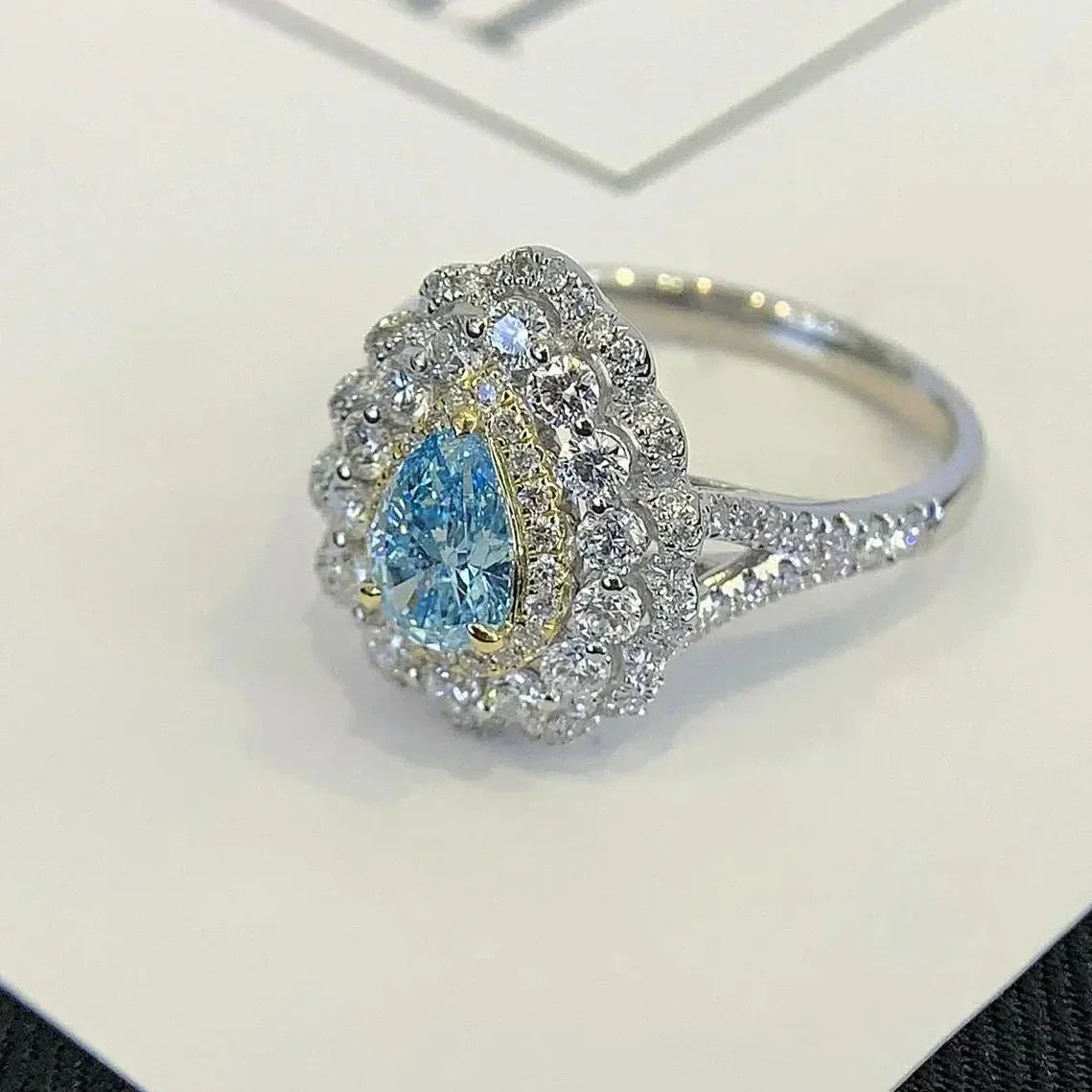 3.20 TCW Fancy Pear Lab Grown Diamond Engagement Ring | Cathedral Triple Halo Ring | IGI Certified 