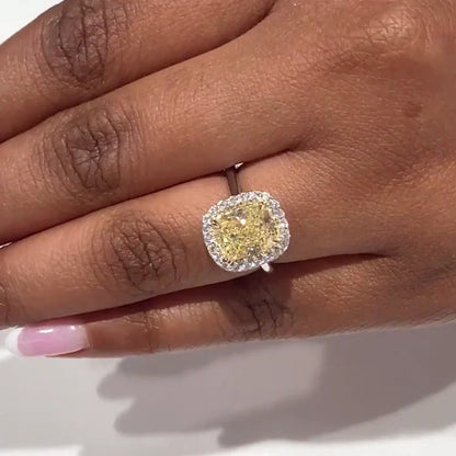 3.00 CT cushion fancy yellow lab grown diamond ring halo white gold engagement ring IGI certified wedding ring bridal jewelry luxury elegant