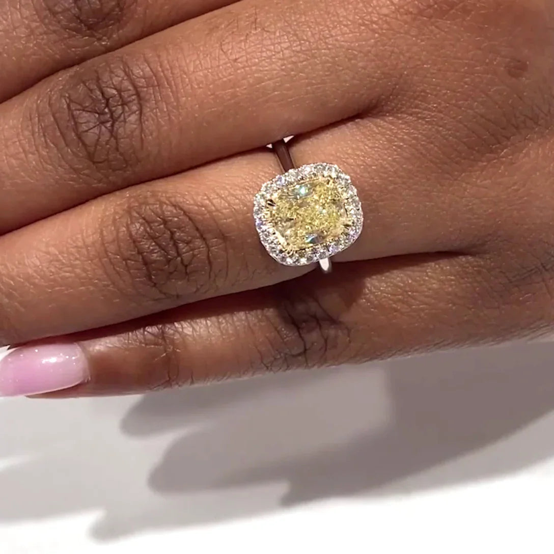 3.00 CT fancy yellow cushion lab grown diamond engagement ring halo white gold IGI certified bridal wedding ring luxury gift for women elegant