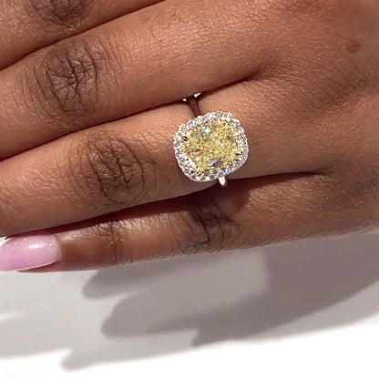 3.00 CT fancy yellow cushion lab grown diamond engagement ring halo white gold IGI certified bridal wedding ring luxury gift for women elegant