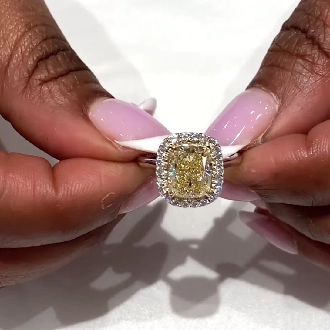 3.30 TCW Cushion Fancy Yellow Lab Grown Diamond Engagement Ring | Halo Ring | White Gold | IGI Certified 