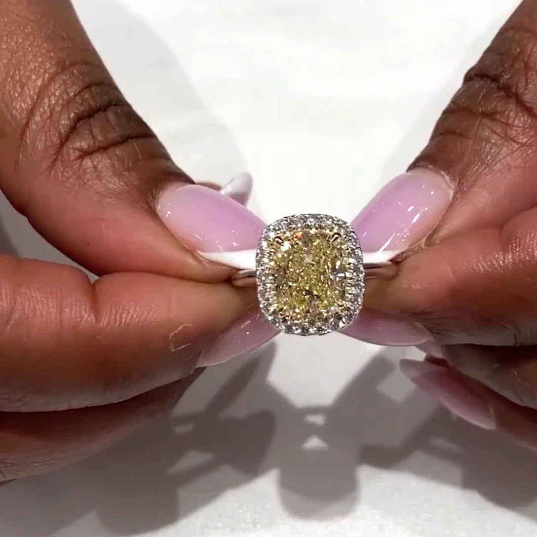 3.00 CT cushion fancy yellow lab grown diamond engagement ring halo white gold IGI certified bridal jewelry wedding ring luxury gift for her