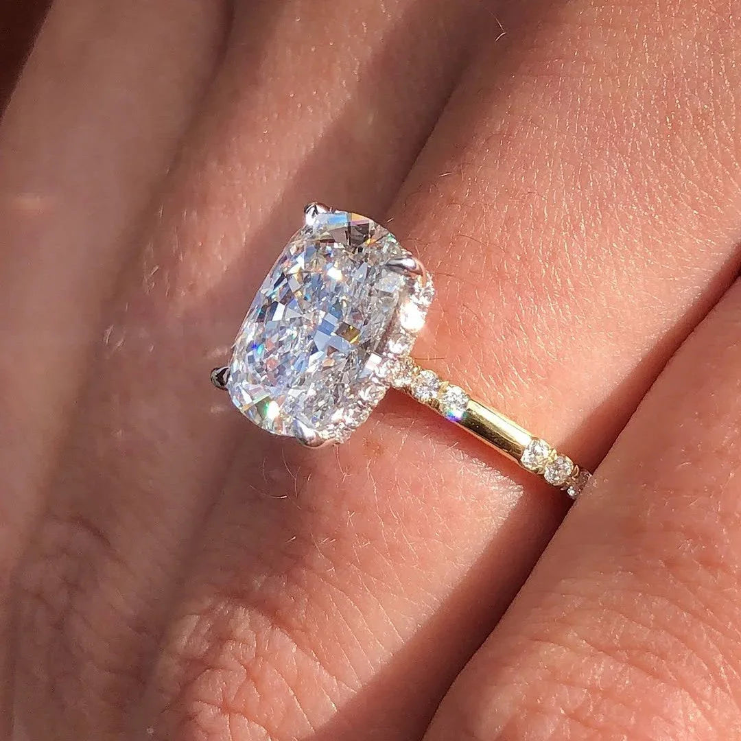 3.30 TCW Elongated Cushion Lab Grown Diamond Engagement Ring | Solitaire Ring with Distance Band & Hidden Halo | IGI Certified 