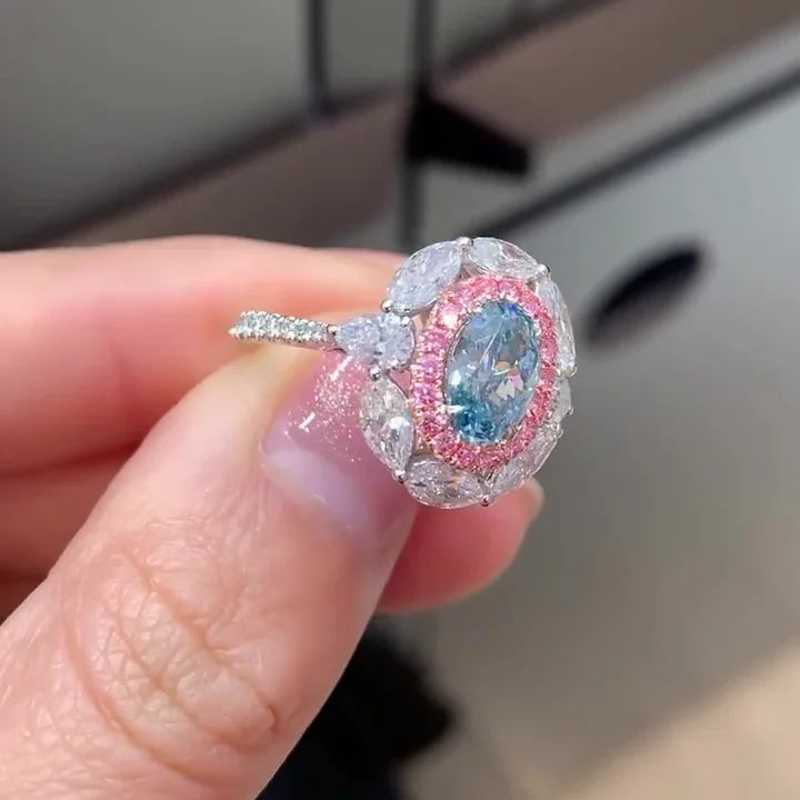 2.00 CT fancy blue oval lab grown diamond engagement ring double halo setting IGI certified bridal wedding ring luxury gift for women elegant