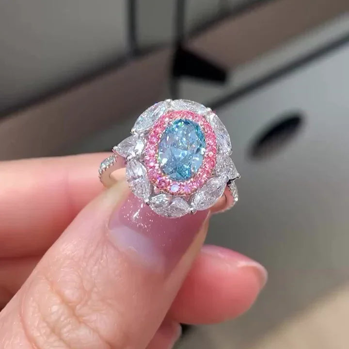 3.30 tcw blue oval lab grown diamond ring double halo IGI certified engagement wedding ring bridal jewelry luxury timeless elegant design