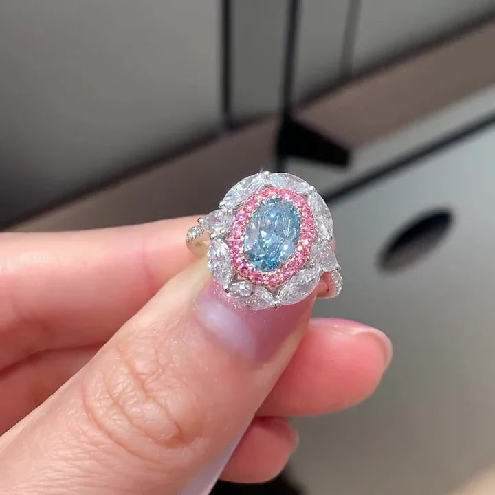 2.00 CT fancy blue oval lab grown diamond engagement ring double halo IGI certified bridal jewelry wedding ring luxury gift for her women