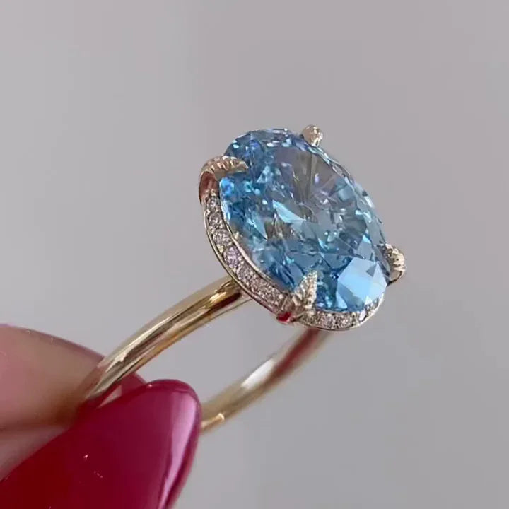 3.00 CT blue oval lab grown diamond ring hidden halo engagement ring IGI certified wedding ring bridal jewelry luxury elegant design