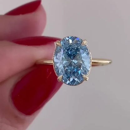 3.00 CT blue oval lab grown diamond ring hidden halo IGI certified engagement wedding ring bridal jewelry luxury timeless elegant design