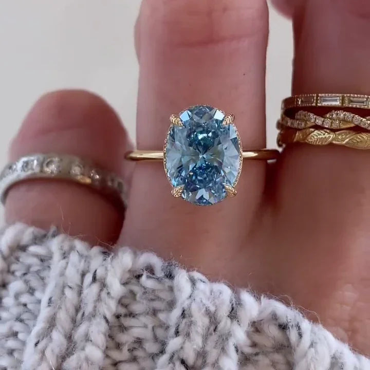 3.30 TCW Fancy Blue Oval Lab Grown Diamond Engagement Ring | Hidden Halo Ring | IGI Certified 