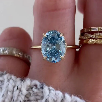 3.30 TCW Fancy Blue Oval Lab Grown Diamond Engagement Ring | Hidden Halo Ring | IGI Certified 