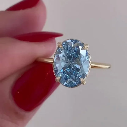 3.00 CT fancy blue oval lab grown diamond engagement ring hidden halo IGI certified bridal jewelry wedding ring luxury gift for her women