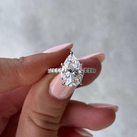 3.30 tcw pear shaped lab grown diamond ring hidden halo engagement ring IGI certified wedding ring bridal jewelry luxury elegant design