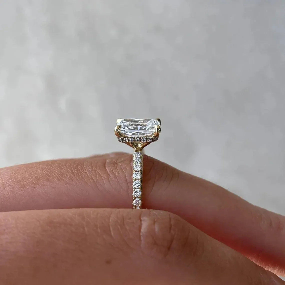 3.30 tcw radiant cut lab grown diamond ring hidden halo pavé band IGI certified engagement wedding ring bridal jewelry luxury timeless elegant