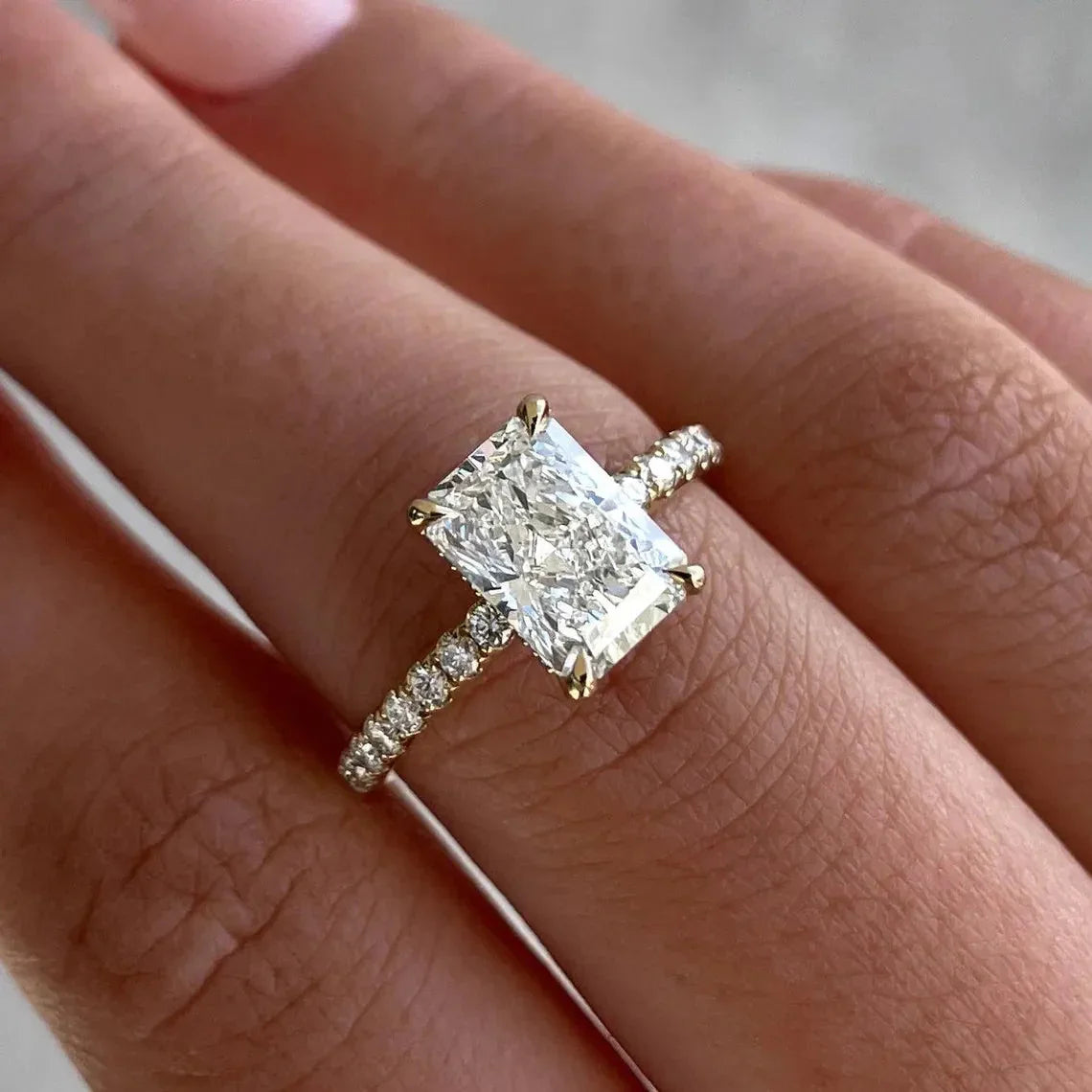 3.30 TCW Radiant Lab Grown Diamond Engagement Ring | Pavé Band with Hidden Halo | IGI Certified 