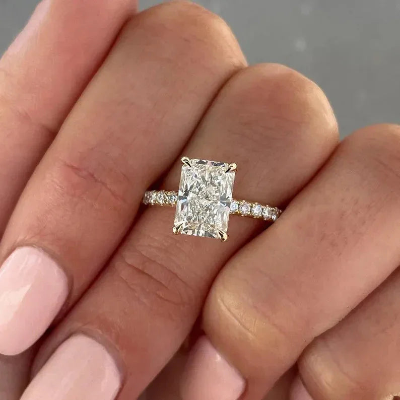 3.00 CT Radiant Lab Grown Diamond Engagement Ring | Pavé Band with Hidden Halo | IGI Certified