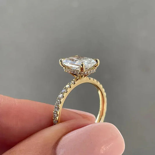3.30 tcw radiant cut lab grown diamond ring pavé band hidden halo engagement ring IGI certified wedding ring bridal jewelry luxury elegant design