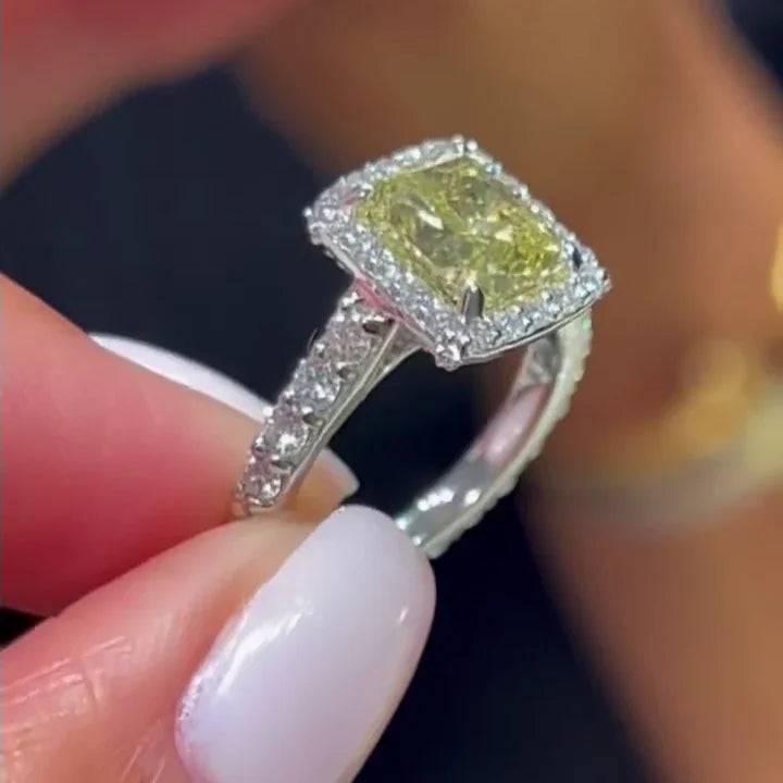3.40 tcw cushion fancy yellow lab grown diamond engagement ring halo side stones IGI certified bridal wedding ring luxury gift for women elegant