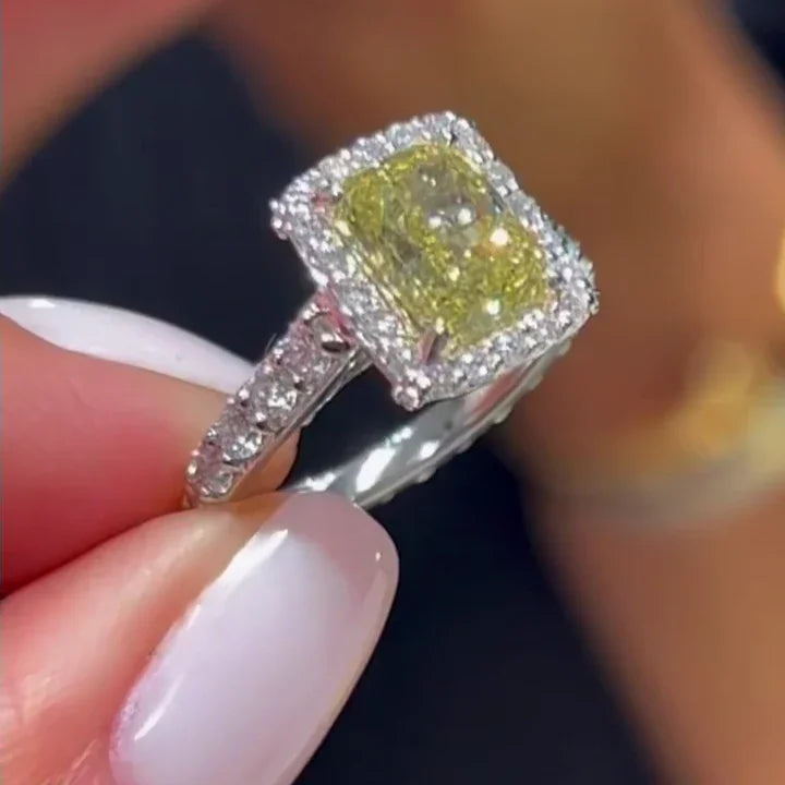 3.40 tcw cushion fancy yellow lab grown diamond ring halo engagement ring IGI certified wedding ring bridal jewelry luxury elegant design