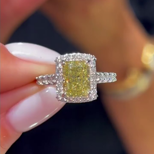 3.40 TCW Fancy Cushion Yellow Lab Grown Diamond Engagement Ring | Halo Design | IGI Certified 