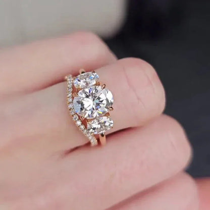 3.40 TCW Oval Lab Grown Diamond Engagement Ring Set | Three Stone Design with Band | IGI Certified 