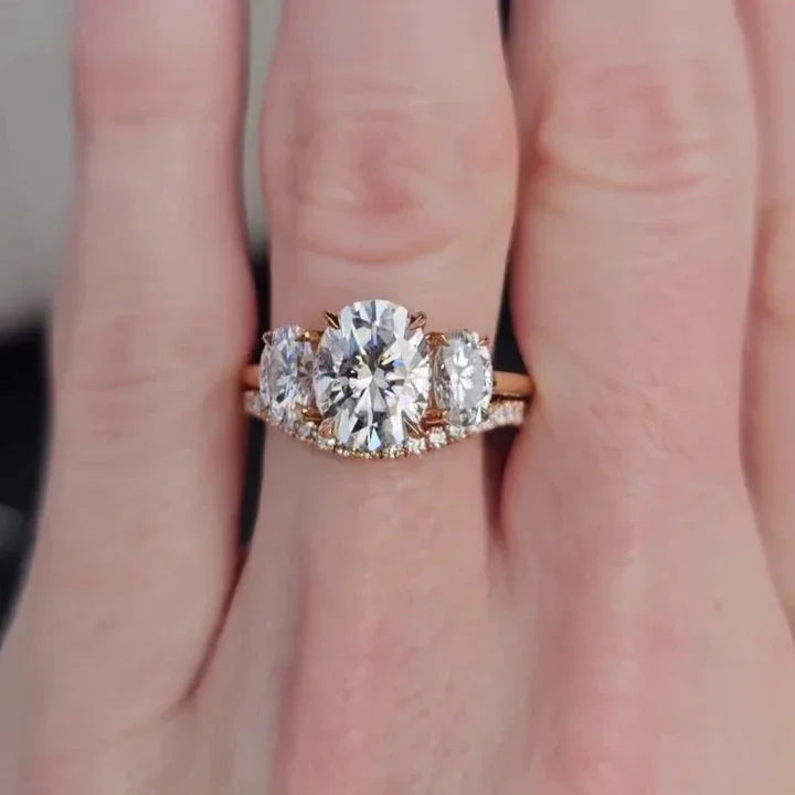 3.00 CT Oval Lab Grown Diamond Engagement Ring Set | Three Stone Design with Band | IGI Certified