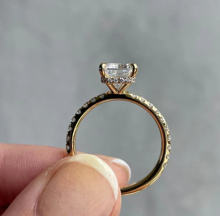 3.40 tcw emerald cut lab grown diamond ring solitaire hidden halo engagement ring IGI certified wedding ring bridal jewelry luxury elegant design