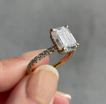 3.40 tcw emerald lab grown diamond engagement ring hidden halo solitaire setting IGI certified bridal wedding ring luxury gift for women elegant