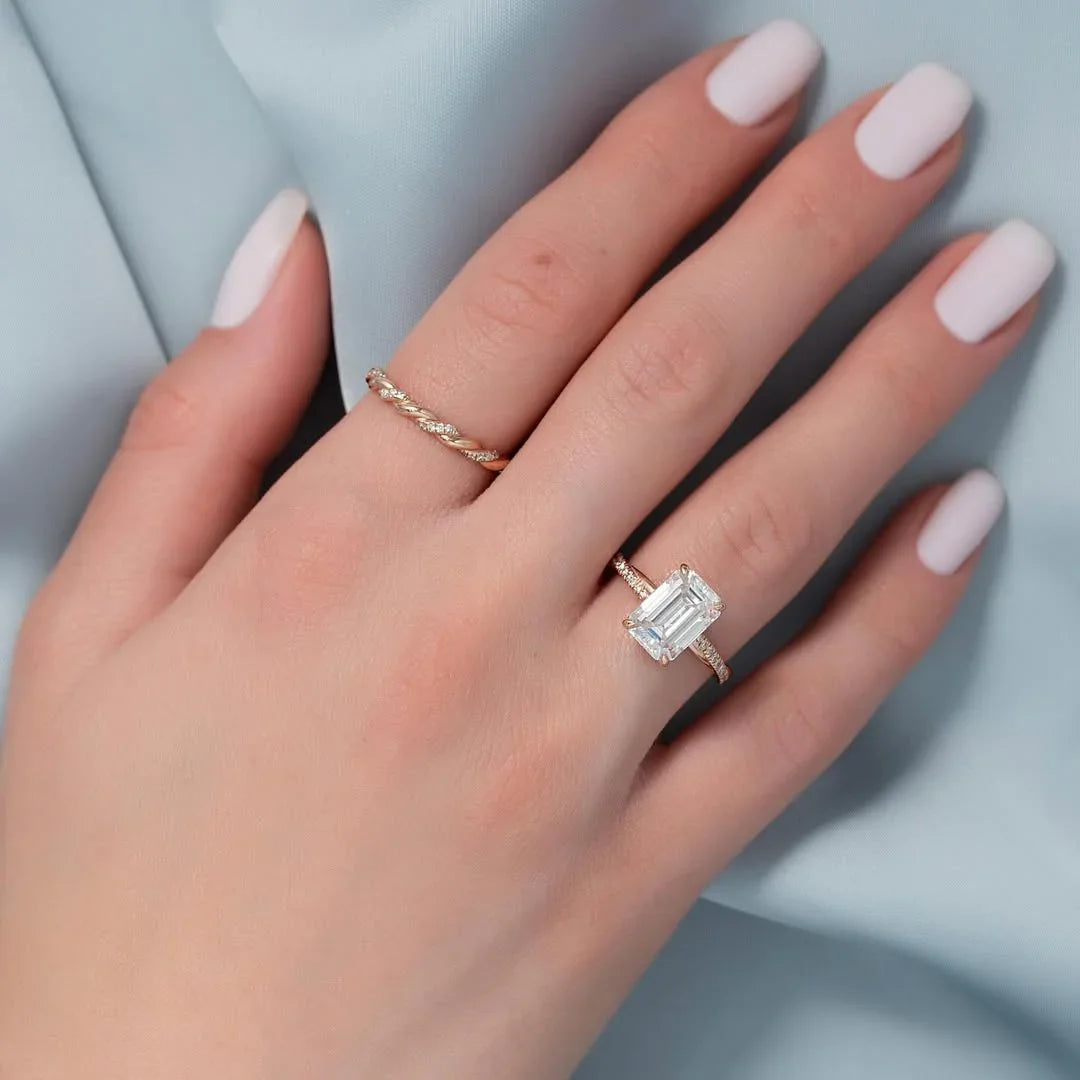 3.50 CT Emerald Cut Lab Grown Diamond Engagement Ring | Curved Pave Band | IGI Certified 