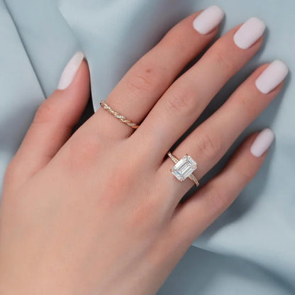 3.50 CT Emerald Cut Lab Grown Diamond Engagement Ring | Curved Pave Band | IGI Certified 