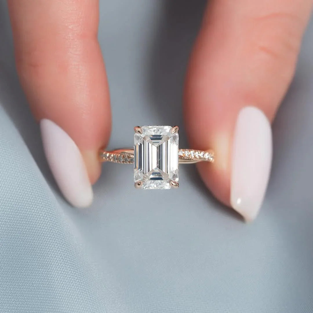3.50 CT Emerald Cut Lab Grown Diamond Engagement Ring | Curved Pave Band | IGI Certified 