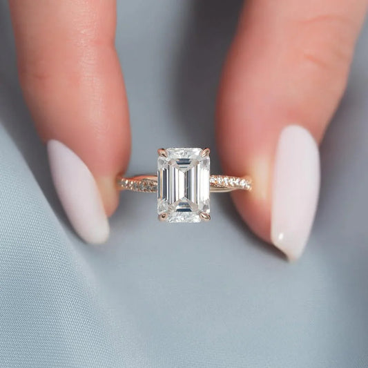 3.50 CT Emerald Cut Lab Grown Diamond Engagement Ring | Curved Pave Band | IGI Certified 