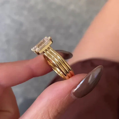 3.50 CT Emerald Cut Lab Grown Diamond Engagement Ring | Three-Rounded Band Design | IGI Certified 