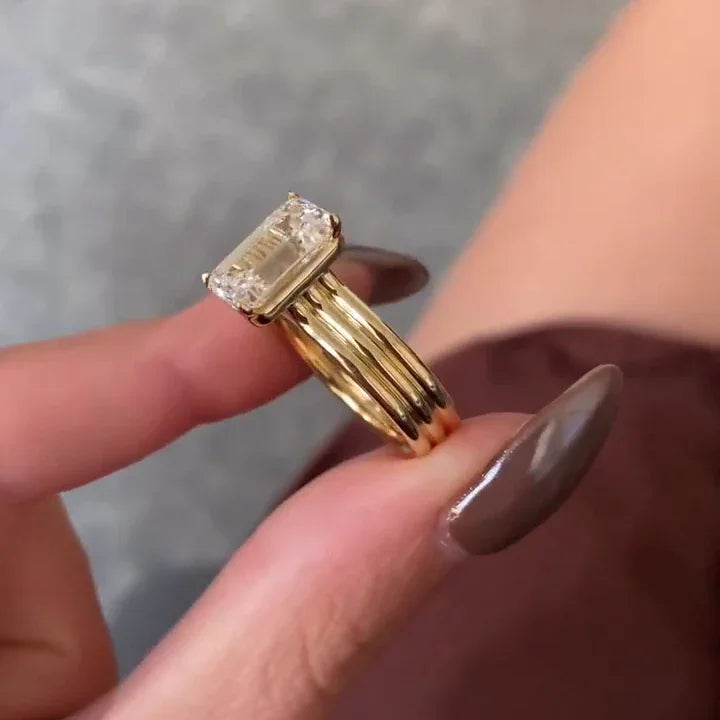 3.50 CT Emerald Cut Lab Grown Diamond Engagement Ring | Three-Rounded Band Design | IGI Certified 