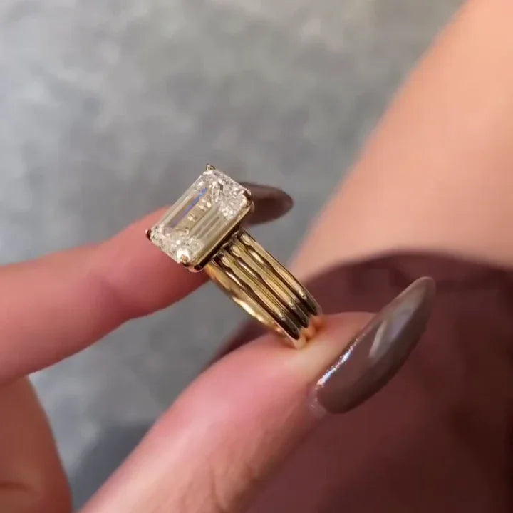 3.50 CT Emerald Cut Lab Grown Diamond Engagement Ring | Three-Rounded Band Design | IGI Certified 