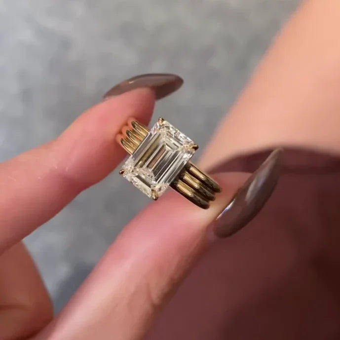 3.50 CT Emerald Cut Lab Grown Diamond Engagement Ring | Three-Rounded Band Design | IGI Certified 