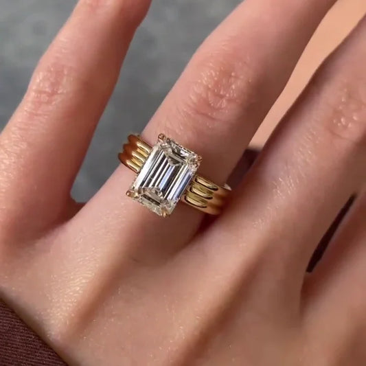 3.50 CT Emerald Cut Lab Grown Diamond Engagement Ring | Three-Rounded Band Design | IGI Certified 