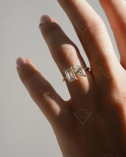 3.50 TCW Emerald and Marquise Lab Grown Diamond Engagement Ring | Toi Et Moi Ring | IGI Certified 