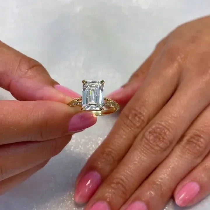 Luxury 3.00 CT emerald cut lab grown diamond engagement ring in rose gold, IGI certified, knife edge split pavé band, bridal wedding ring jewelry