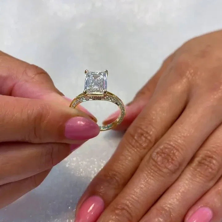 3.00 CT emerald cut lab grown diamond engagement ring rose gold IGI certified split pavé knife edge band luxury bridal wedding ring engagement jewelry