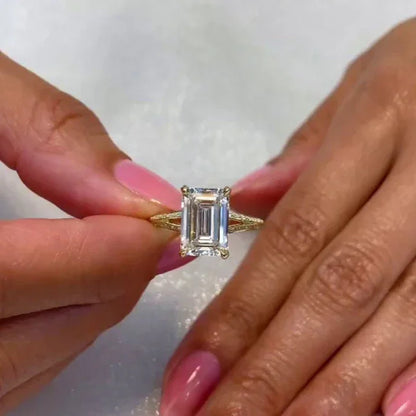 3.00 CT emerald cut lab grown diamond engagement ring in rose gold, IGI certified, knife edge split pavé band bridal wedding ring for women