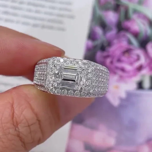 3.50 TCW emerald cut lab grown diamond men's engagement ring, round side stones, IGI certified, luxury engagement wedding ring, bridal jewelry ring