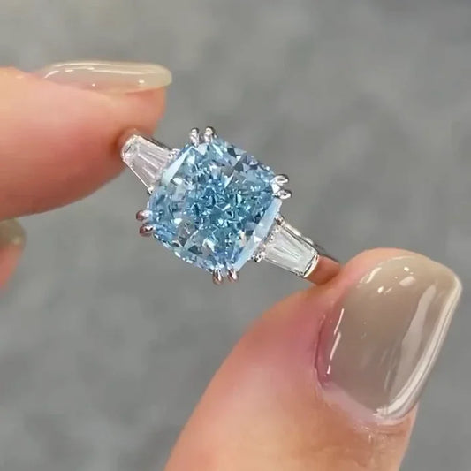 3.50 TCW fancy blue cushion lab grown diamond engagement ring, classic three stone design, IGI certified, luxury bridal wedding diamond ring