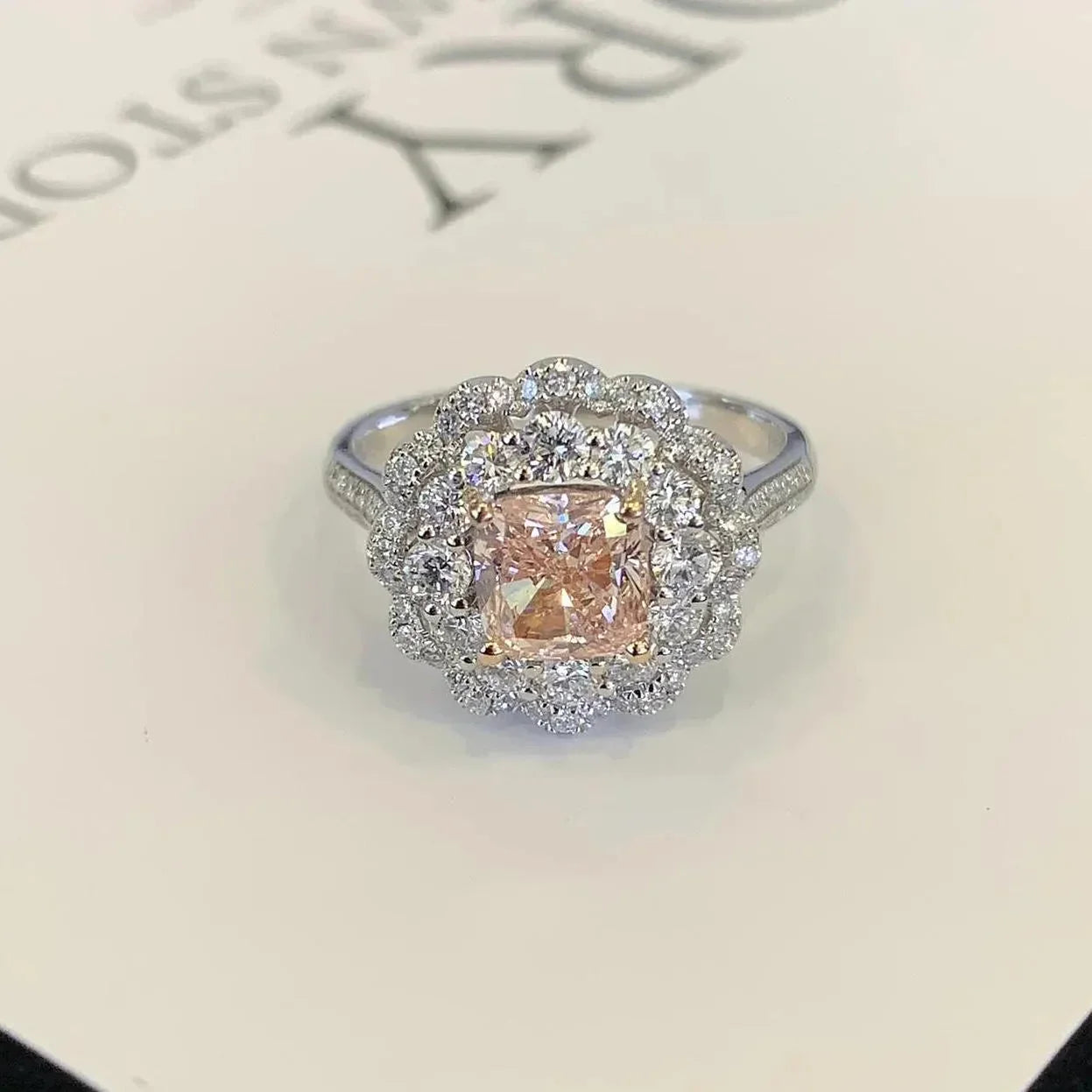 3.50 TCW fancy pink cushion lab grown diamond engagement ring with double halo setting, IGI certified luxury bridal wedding ring jewelry ring