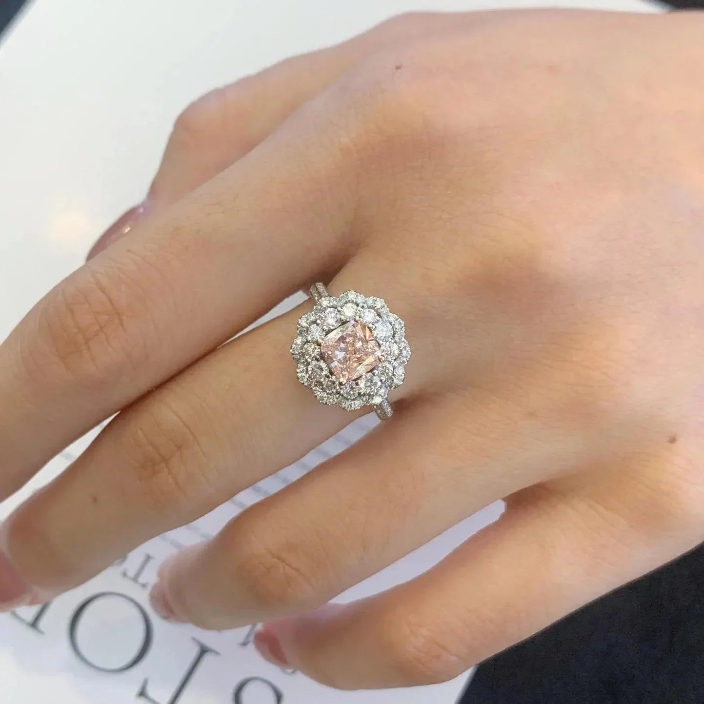 Fancy pink 3.50 TCW cushion lab grown diamond engagement ring, IGI certified, double halo design, luxury bridal wedding diamond ring jewelry