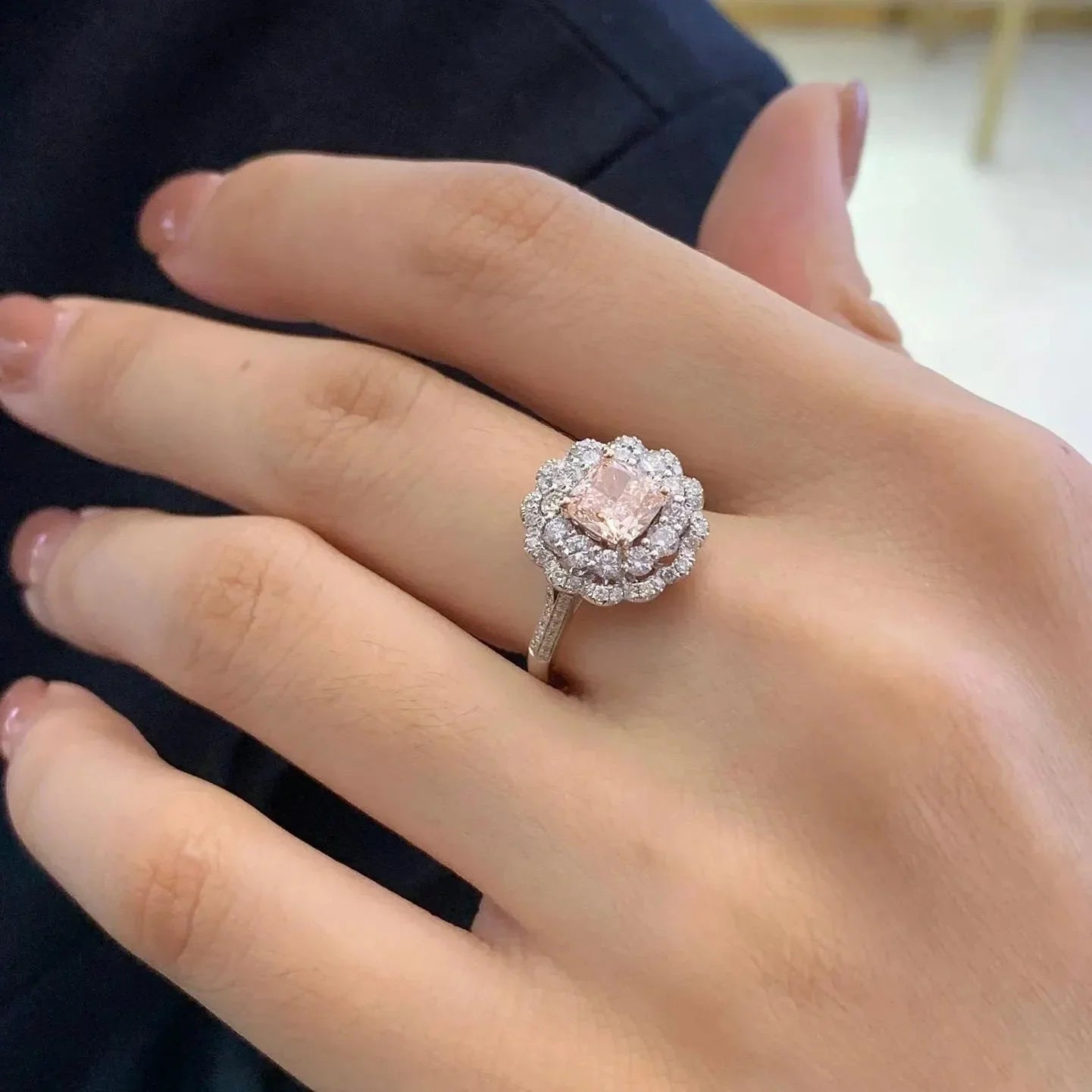 3.50 TCW Fancy Pink Cushion Lab Grown Diamond Engagement Ring | Double Halo Ring | IGI Certified 