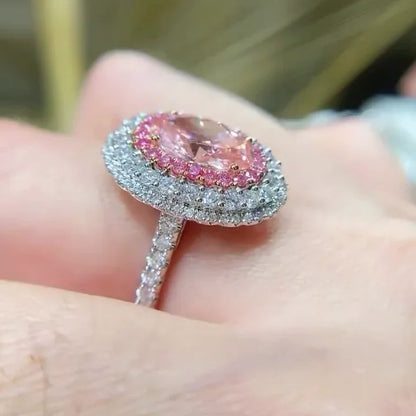 Luxury 3.50 TCW fancy pink oval lab grown diamond engagement ring, IGI certified, double halo design, bridal wedding jewelry ring statement ring