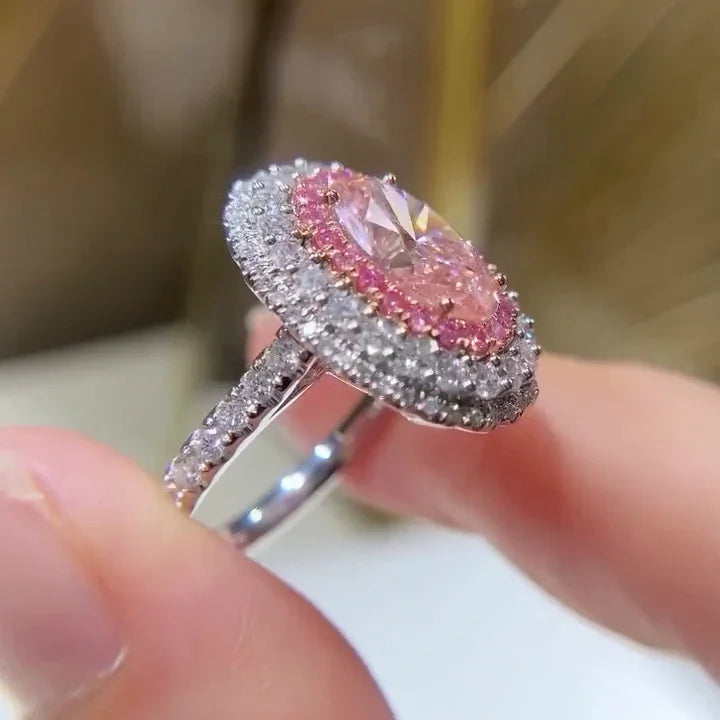 Fancy pink 3.50 TCW oval lab grown diamond engagement ring, IGI certified, double halo design, luxury bridal wedding diamond ring jewelry ring