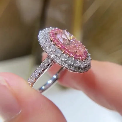 Fancy pink 3.50 TCW oval lab grown diamond engagement ring, IGI certified, double halo design, luxury bridal wedding diamond ring jewelry ring