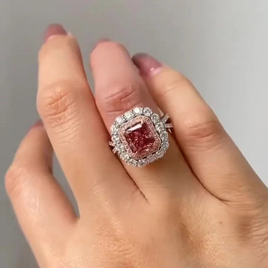 3.50 TCW fancy pink radiant lab grown diamond engagement ring, double halo design, IGI certified, luxury bridal wedding jewelry statement ring