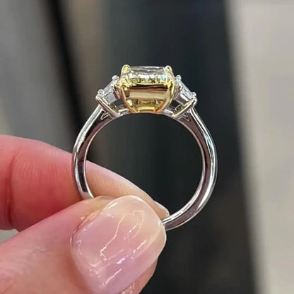 3.50 TCW fancy yellow radiant lab grown diamond engagement ring with three stone design, IGI certified luxury bridal wedding diamond ring jewelry